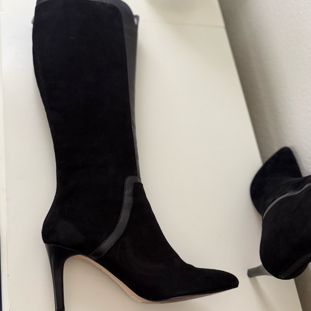 Adrienne Sleek Black Suede Knee High Boots with Leather Trim 3” heels - Picture 4 of 6